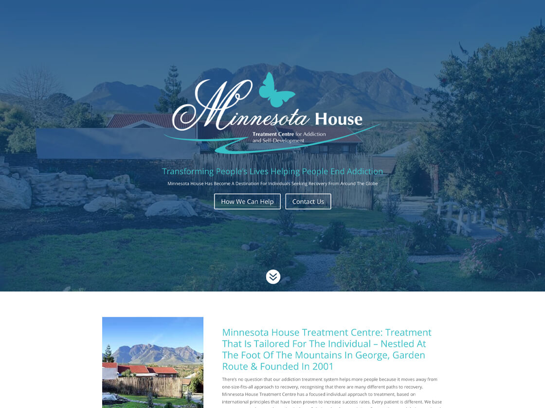 A website for Minnesota House, a treatment center for addiction and self-dependency, offers a serene homepage with a scenic background of mountains and gardens. Highlighting their mission to help people end addiction, it features navigation buttons for "How We Can Help" and "Contact Us" just below the main text.