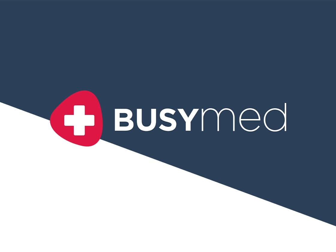 Portfolio-logo-image-BUSYmed The image showcases the BUSYmed logo on a blue and white diagonal background. A red, rounded triangular shape with a white medical cross stands on the left, while to its right, "BUSYmed" is displayed in modern typography—bold white for "BUSY" and light blue for "med.