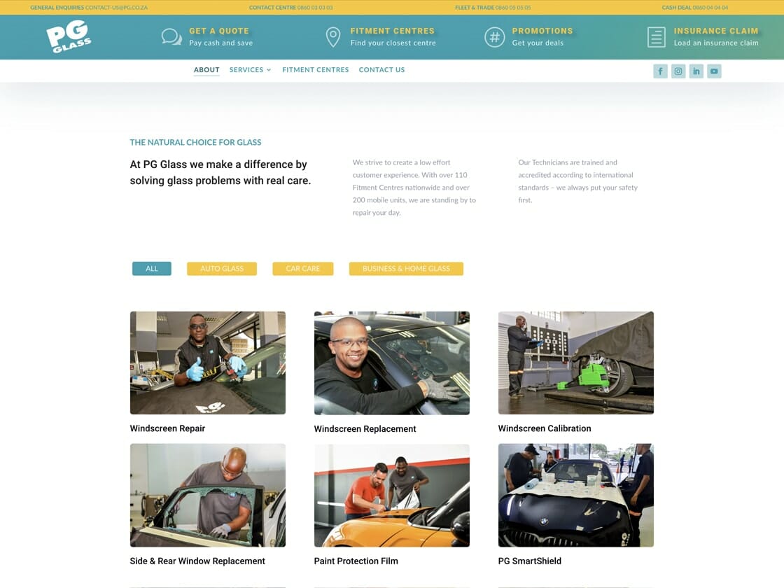 Portfolio-website-image-pg-glass The PG Glass website page displays services offered. The top section features the company logo, contact information, and a navigational menu. Below, text introduces PG Glass services with images and descriptions for Windscreen Repair, Replacement, Calibration, Side & Rear Glass Replacement, Paint Protection Film, and PG SmartShield.