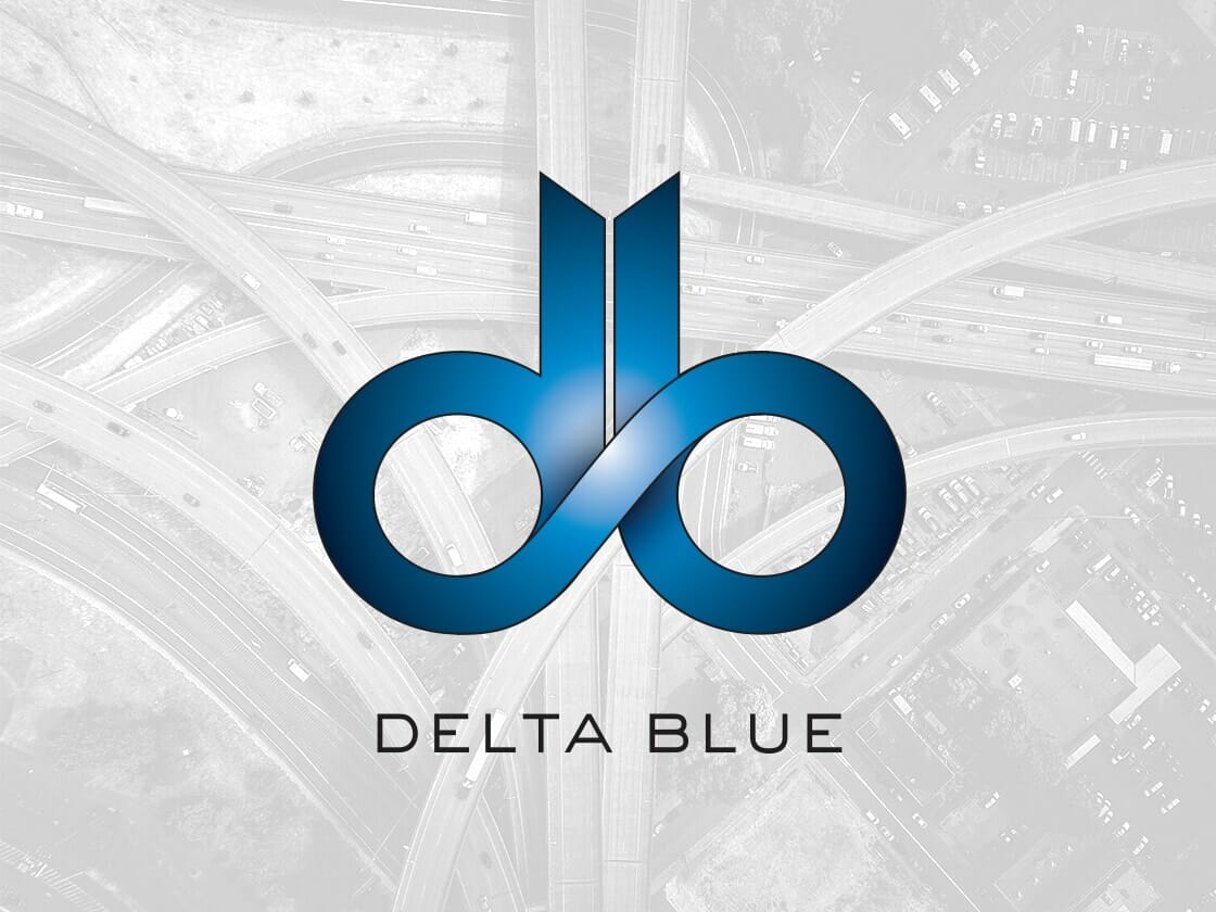 Portfolio-logo-Delta-Blue A logo with the letters "d" and "b" intertwined, forming a symmetrical design in glossy blue gradient. Below the logo, the text "DELTA BLUE" appears in black, uppercase letters. The background consists of a faded aerial image of a highway interchange.