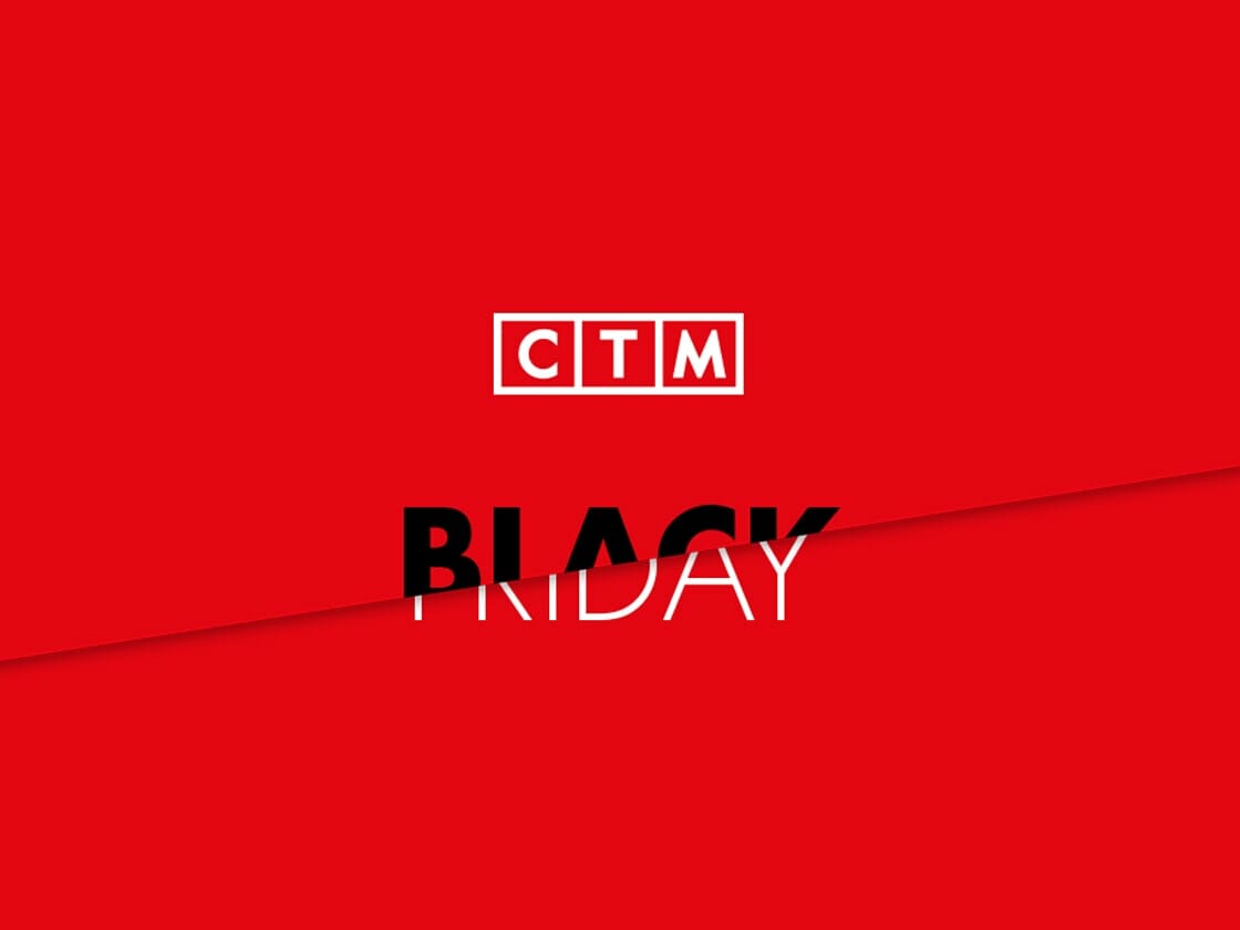 A bright red background with the acronym "CTM" in a white box centered at the top. Below it, partially hidden by a diagonal red slash cutting through the middle, the word "BLACK" in bold white text is visible, hinting at Black Friday madness, as suggested by the cut-off letters of another word.