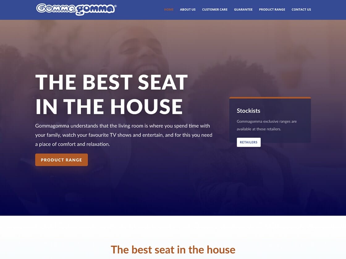 Screenshot of the Gomma Gomma website. The top section features a navigation menu with links to "About Us," "Customer Care," "Guarantee," "Product Range," and "Contact Us." Below, the title "The Best Seat in the House" highlights the importance of comfort in the living room. Buttons for "Product Range" and "Stockists" are also present.
