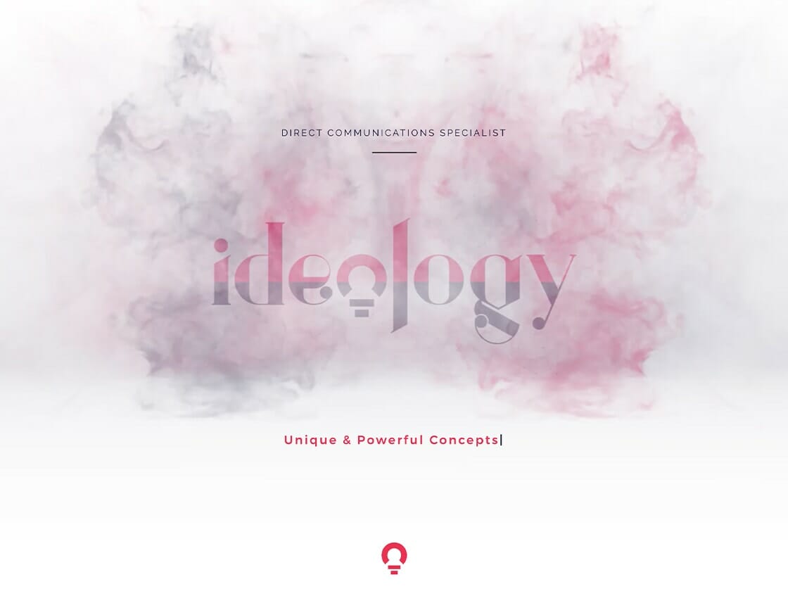 A white background with pink and gray smoke surrounds the word "ideology" in large, stylized text. Above, it reads "Direct Communications Specialist." Below, the tagline says "Unique & Powerful Concepts!" At the bottom, a small red lightbulb icon hints at innovative SEO strategies for your website.