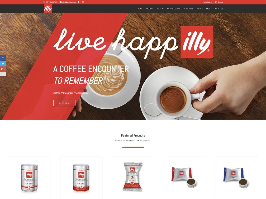 Screenshot of Illy's homepage showing the banner "live happilly" with a hand holding a cup of illy coffee and another cup with latte art. Below are product images featuring cans of ground coffee, an espresso blend, and coffee pods. The navigation bar is at the top, and featured products from illy South Africa are displayed below.
