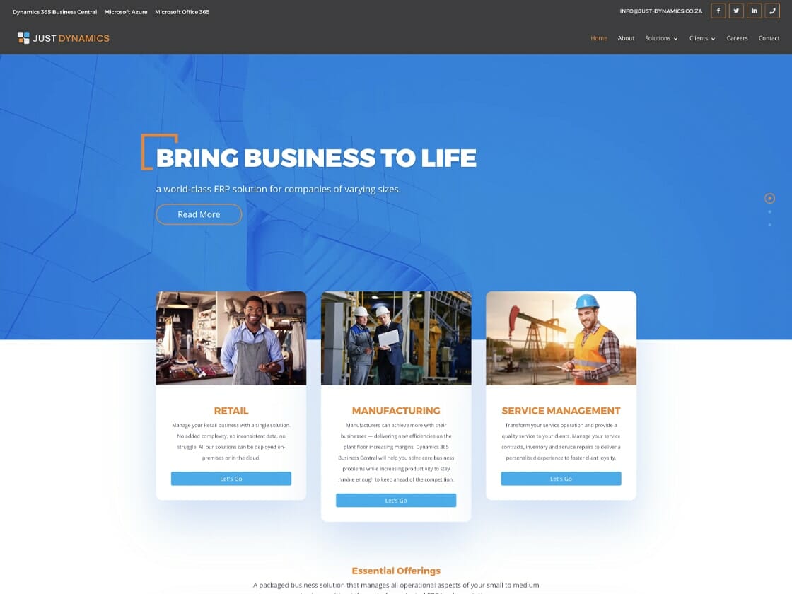 Screenshot of the Just Dynamics website showcasing the tagline "Bring Business to Life" against a blue background. Below are three sections labeled Retail, Manufacturing, and Service Management, each with a representative image and a "Learn More" button. The top menu includes options for About, Solutions, and Contact.