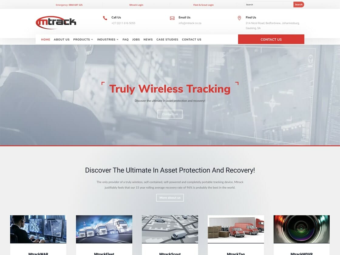 The MTrack website homepage features a banner proclaiming "Truly Wireless Tracking" with a caption inviting visitors to discover more. Below, a section details asset protection and recovery services. The top menu, including Home, About Us, Products, and Contact Us links, sits above the contact information displayed at the top.