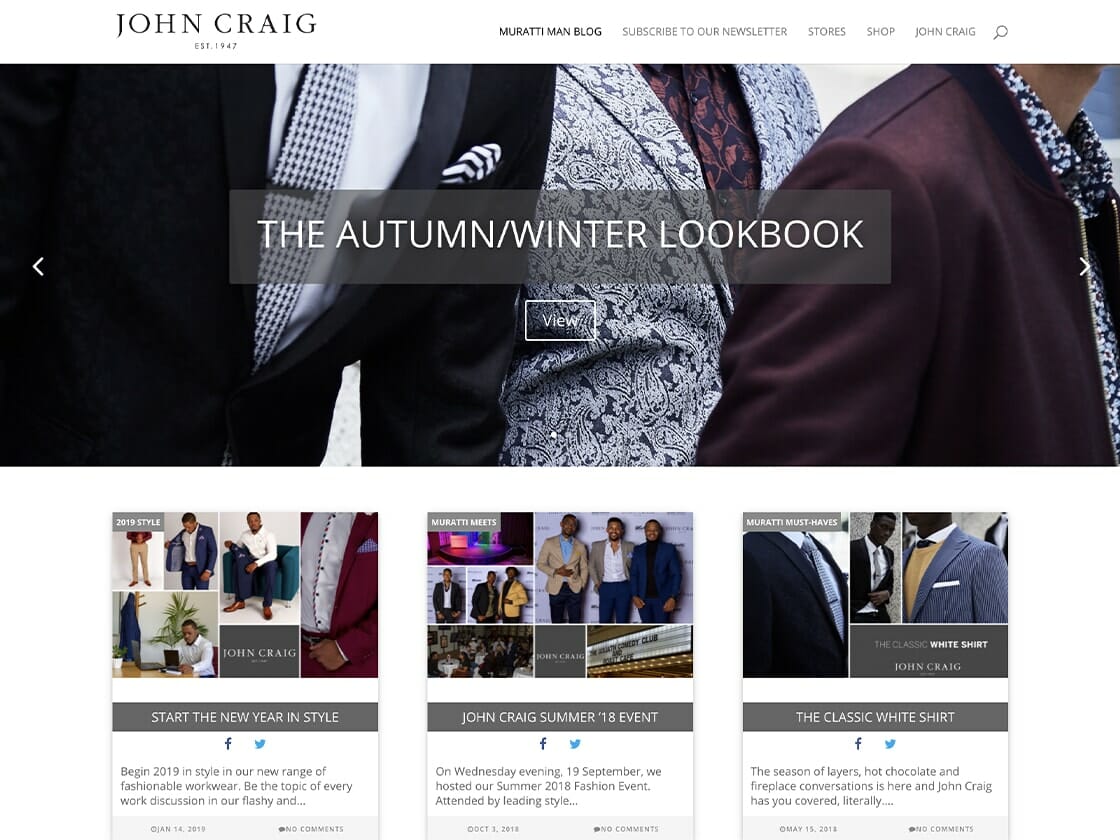The MurattiMan website of John Craig features a banner with the text "The Autumn/Winter Lookbook." Below are three sections with images and text: "Start the New Year in Style," "John Craig Summer 18 Event," and "The Classic White Shirt." The page includes menu options like "Shop" and "Blog.