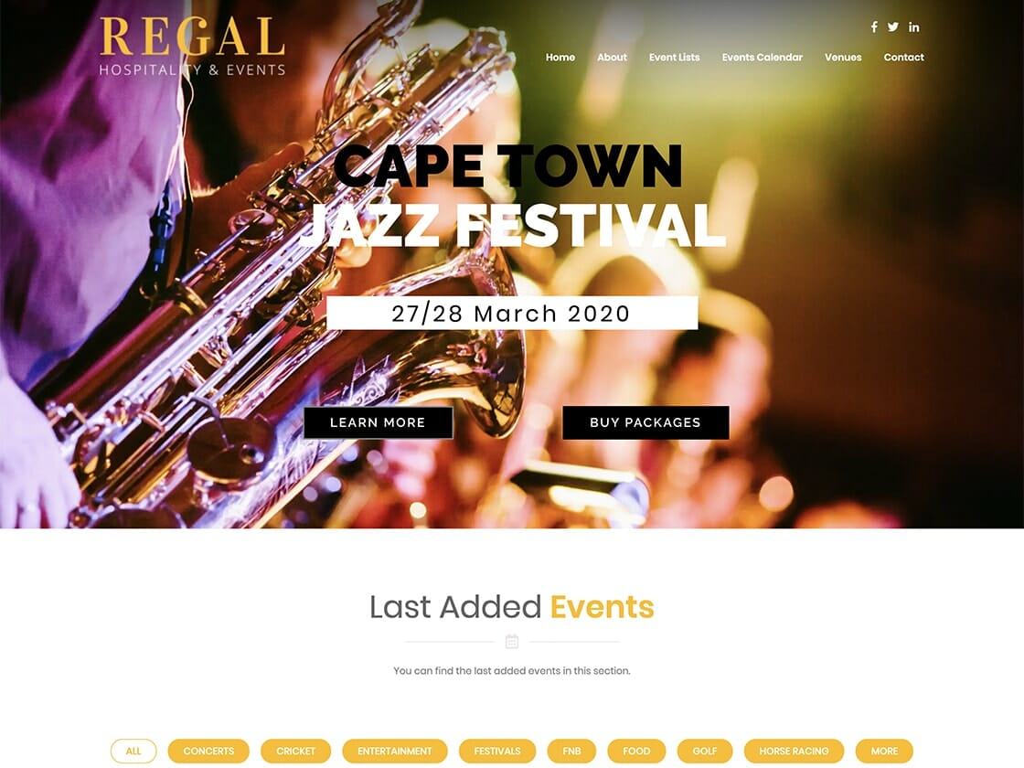 A website for the Cape Town Jazz Festival, scheduled for 27-28 March 2020. Background shows a saxophonist in action. Links include "Learn More" and "Buy Packages." The bottom section showcases various event categories such as Concerts, Entertainment, Festivals, and more under "Last Added Events." Experience regal hospitality amidst the jazz rhythms!