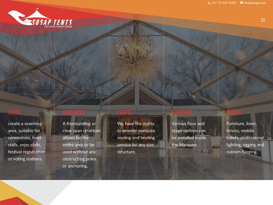 A website banner image for SOSAP Tents, showcasing an elegantly lit event tent setup with chandeliers. Text overlays describe services: tents, marquees, events, flooring, extras. Contact information is top right. The website's red and white logo is on the upper left corner of the Tents website.