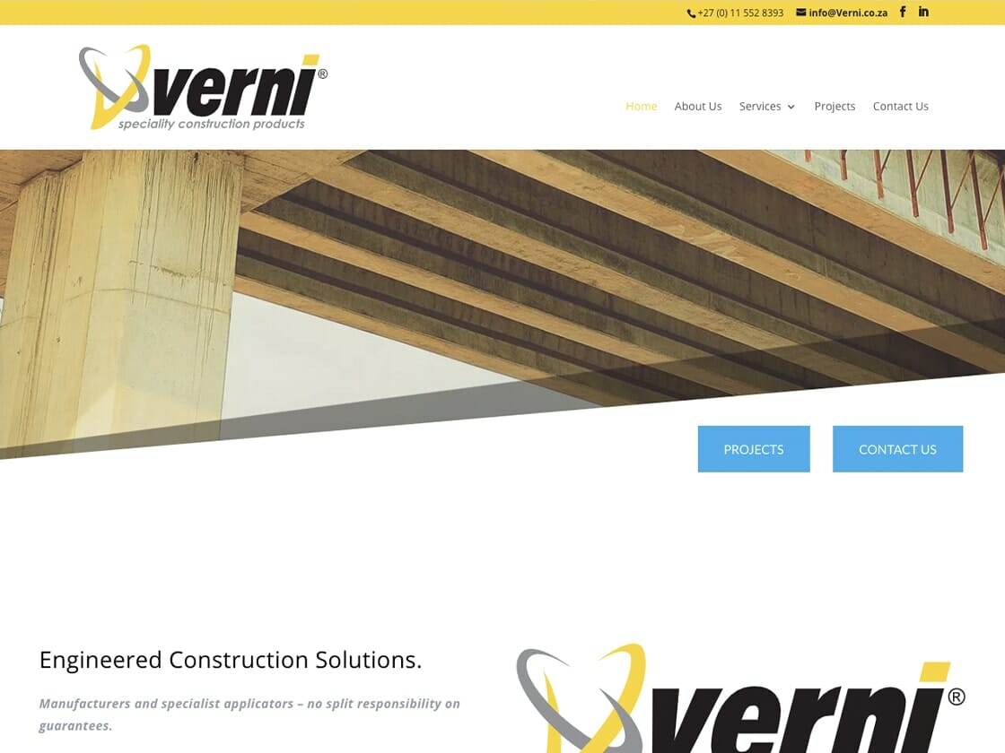 The homepage of Verni's website features the Verni logo and contact information in the header. A navigation menu includes links to Home, About Us, Services, Projects, and Contact Us. Prominent call-to-action buttons for "Projects" and "Contact Us" are also available.