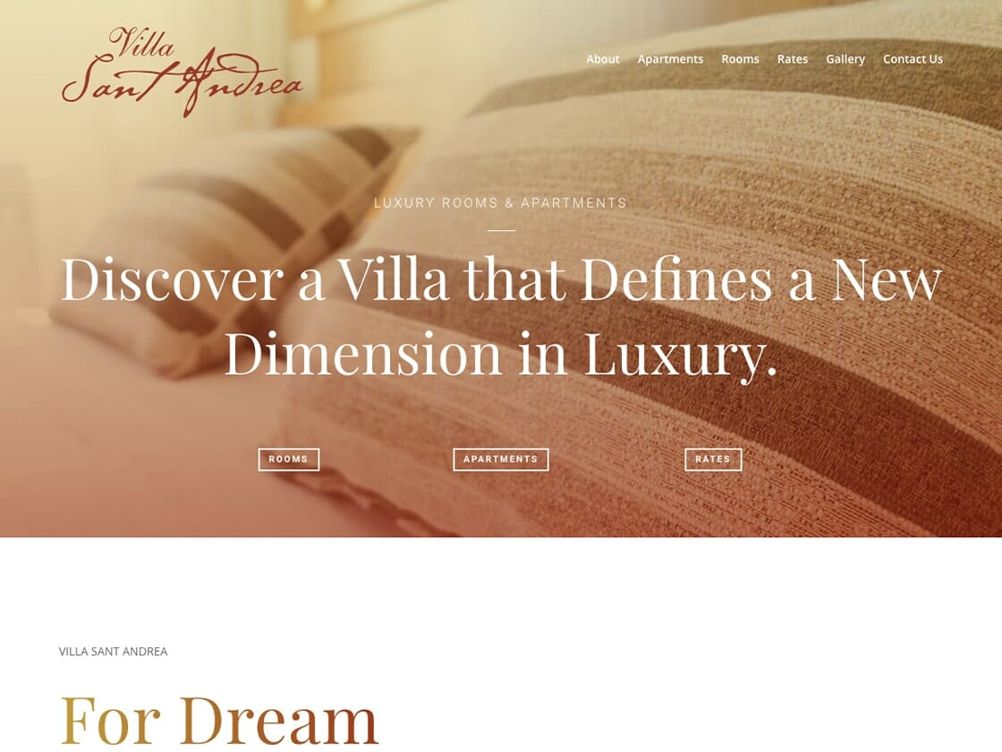 Screenshot of the Villa Sant Andrea website. It features an image of a luxurious bed with plush pillows in soft, warm tones. The text overlay reads: "Discover a Villa that Defines a New Dimension in Luxury." The navigation menu on the website includes About, Apartments, Rooms, Rates, Gallery, and Contact Us.