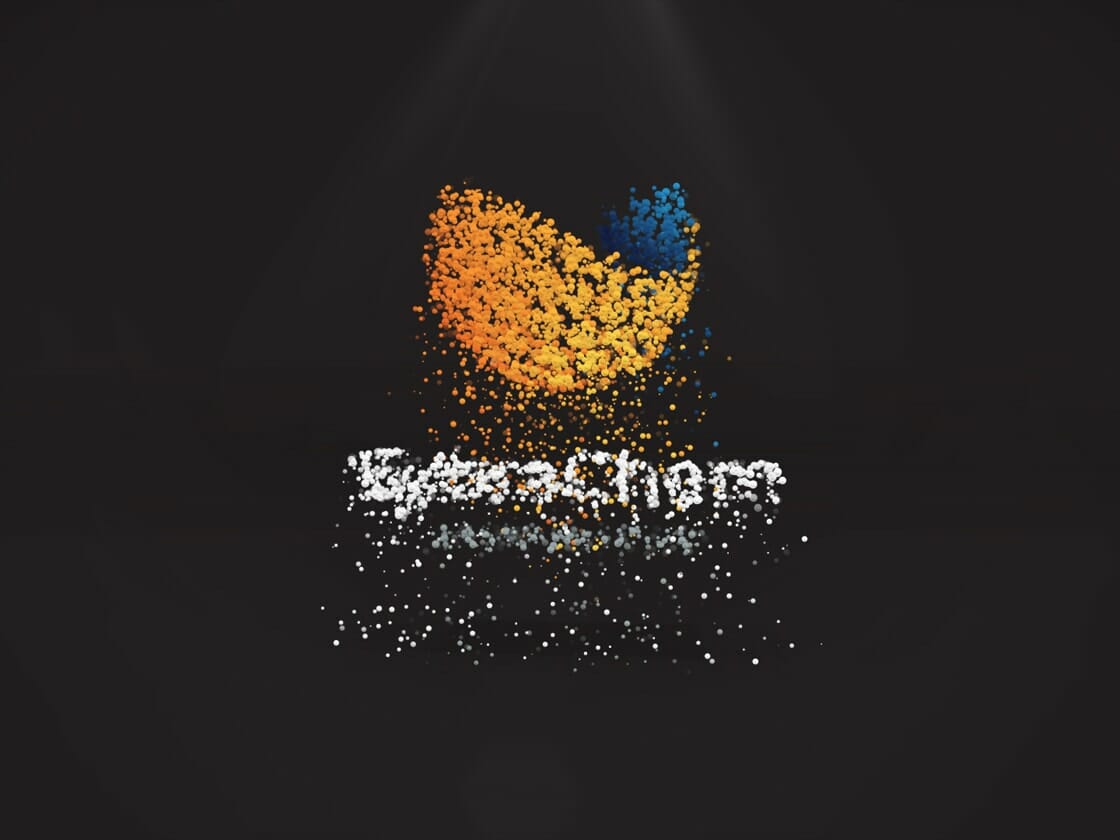 A dark, reflective surface displays a partially dispersed logo composed of small, glowing 3D particles. The upper part features an abstract, crescent shape with an orange to blue gradient. Below, a white, dot-based text reads "SybraChem," with some dots scattered around, creating an ethereal effect.