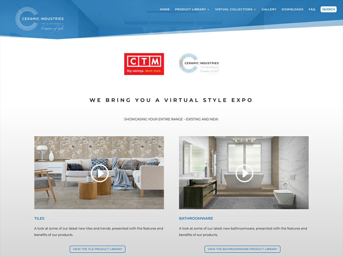 A screenshot of the Ceramic Industries website's Style Expo page, featuring images of a tiled living room and a bathroom display with clickable links for further exploration.