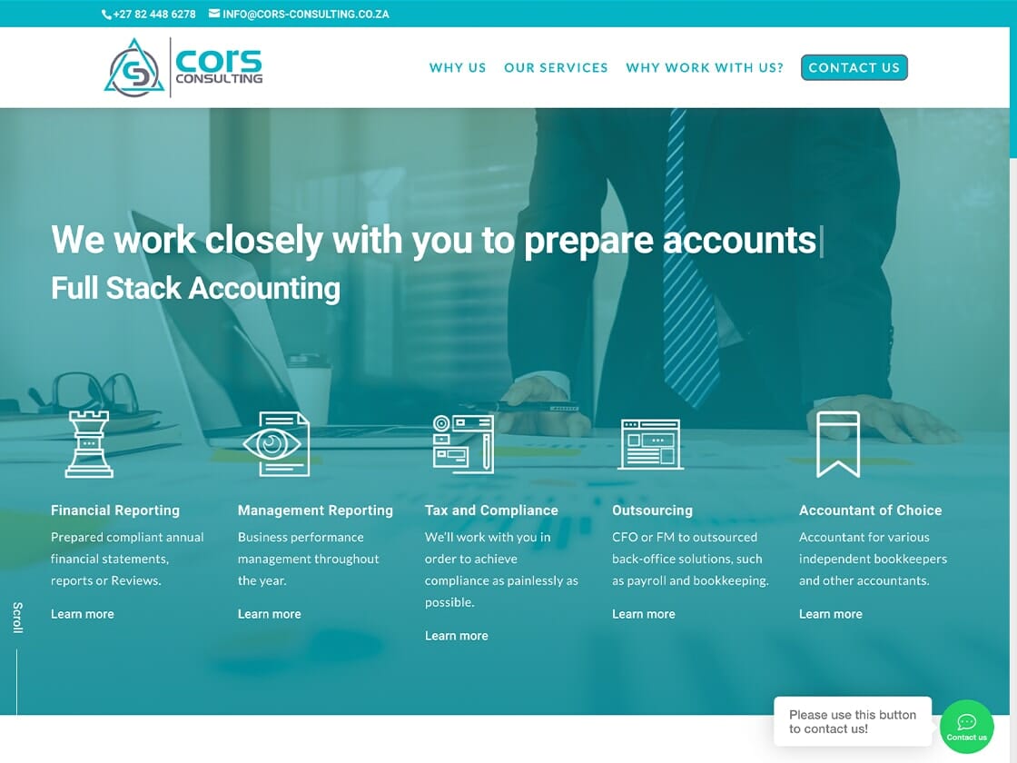 A website for Cors Consulting features a header with contact details and navigation buttons for 'Why Us,' 'Our Services,' 'Why Work With Us?' and 'Contact Us.' Main text reads, "We work closely with you to prepare accounts," with sections for Financial Reporting, Management Reporting, Tax and Compliance, Outsourcing, and Accountant of Choice.
