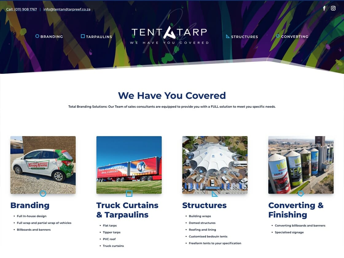 An image showing a webpage for Tent Tarp, a company specializing in branding, tarpaulins, structures, and converting. The header displays the company's contact information and logo. Four sections with images and text detail services: Branding, Truck Curtains & Tarpaulins, Structures, and Converting & Finishing.