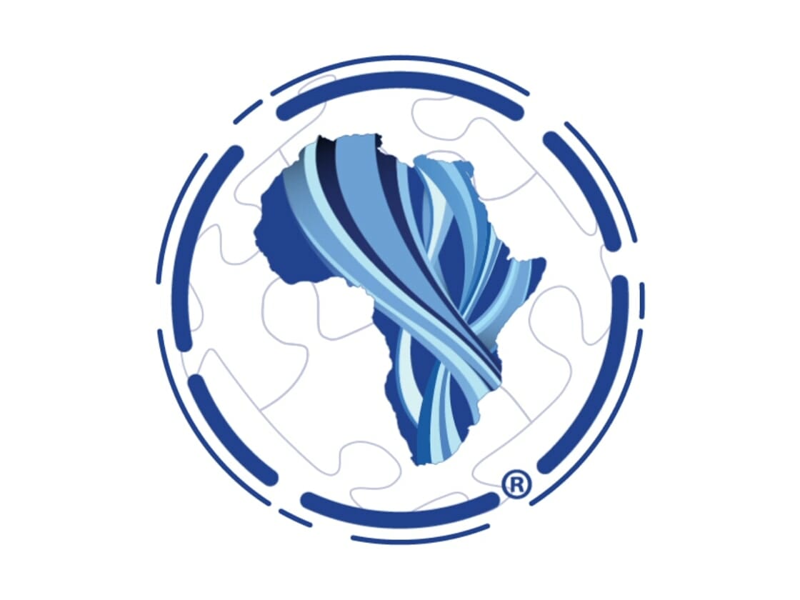 A logo featuring a stylized map of Africa in blue with intertwining ribbon-like stripes in various shades of blue. The map sits within a circular outline adorned with abstract, puzzle-like segments in lighter blue, creating the perfect foundation for an engaging NGL Logo Animation.