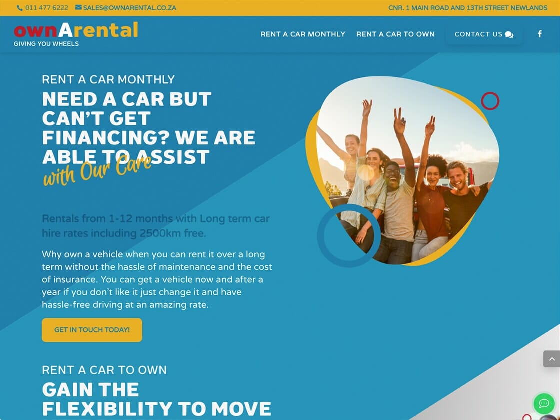 A website page from OwnARental with a header that reads, "Need a car but can’t get financing? We are able to assist with our cars!" Below is an image of smiling people raising their hands. The rental website offers monthly options with long-term benefits, and contact details are provided at the top.