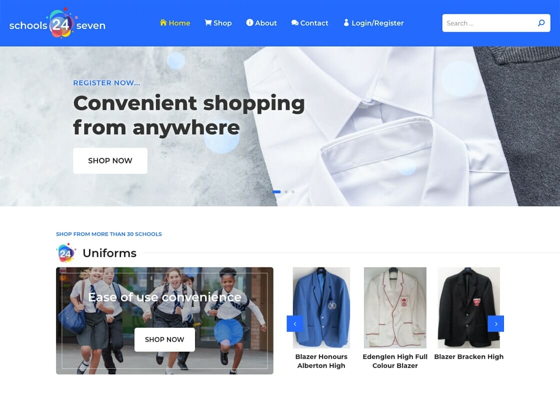 Screenshot of an online school uniform shop's homepage. The banner shows neatly folded white shirts with text "Convenient shopping from anywhere" and a "Shop Now" button. Below, a section labeled "Uniforms" displays thumbnails of uniform items, including blazers, with navigation arrows for browsing.