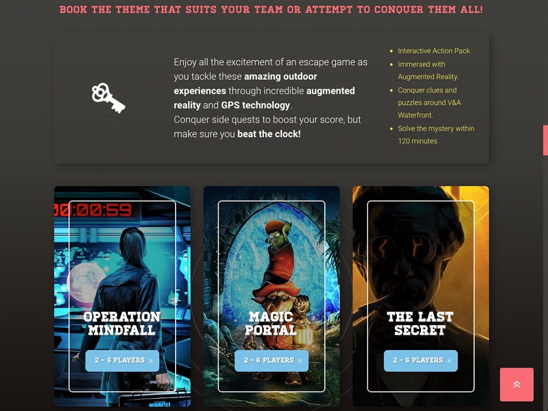 SEO-optimized promotional website page for booking live Hinthunt escape room games with various themes, highlighting immersive technology and gameplay for groups.