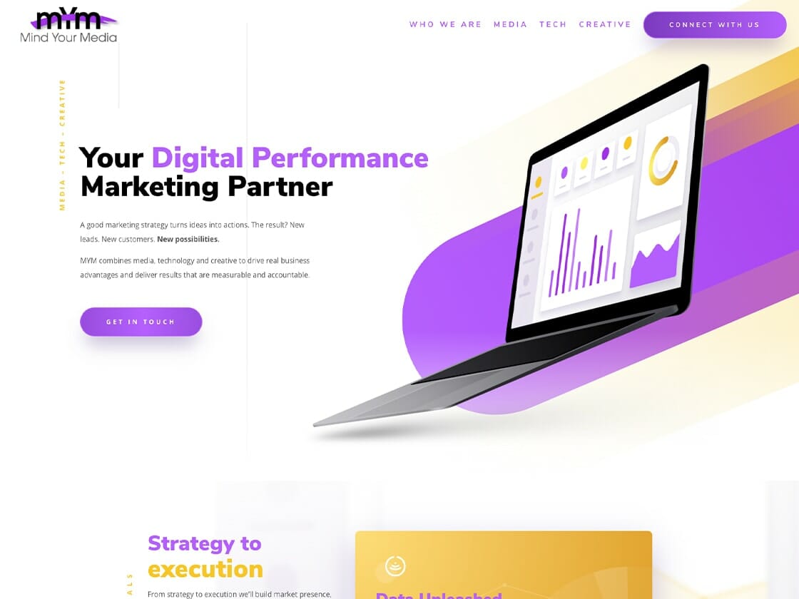 Portfolio-image-mym A vibrant homepage design for a digital media marketing agency highlighting their services with engaging graphics and a call-to-action button, emphasizing media management.