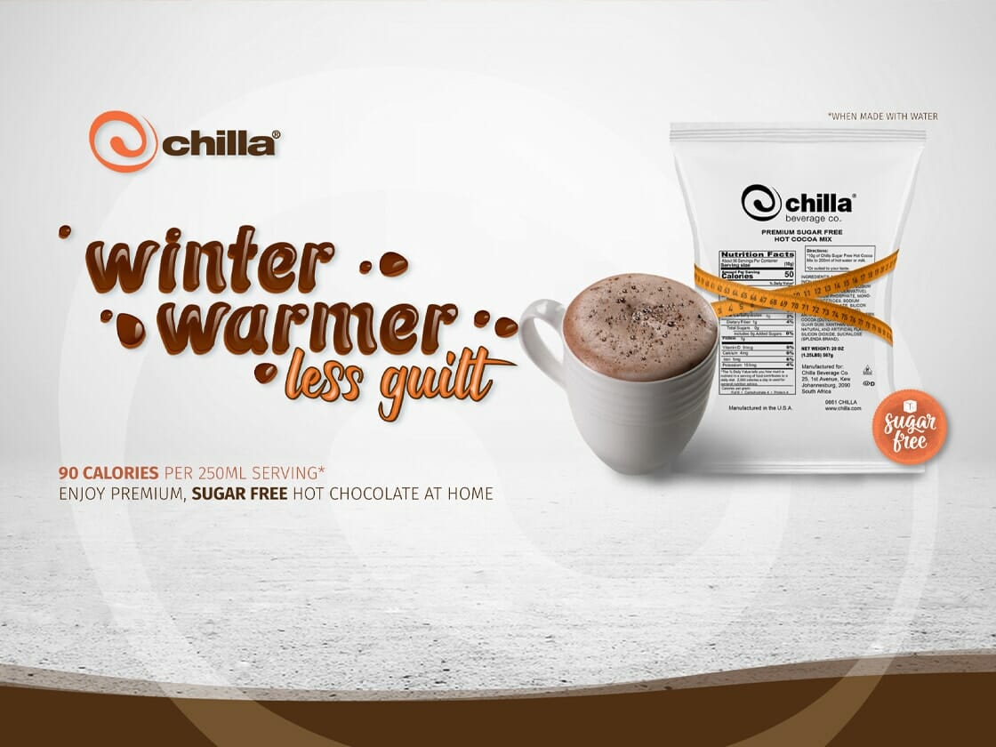 Sugar-free hot chocolate mix advertisement promoting a low-calorie, guilt-free winter drink.
