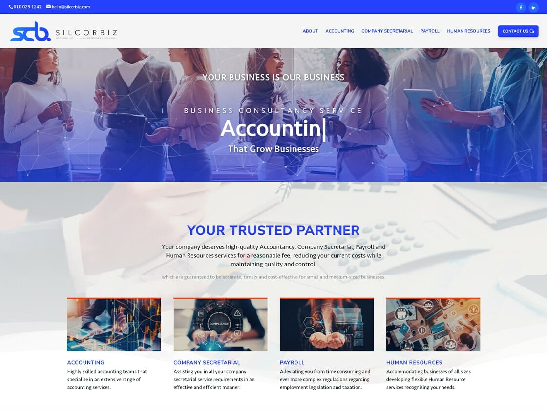 Portfolio-image-Silcorbiz Web page design for an accounting firm showcasing their services such as tax consultation, payroll, and human resources with images of professionals in the background.