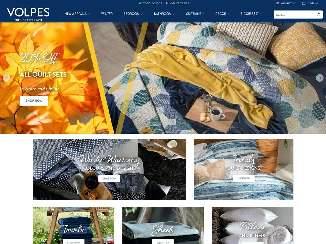 A screenshot of a home textiles online store webpage featuring promotional discounts and a selection of bedding products.