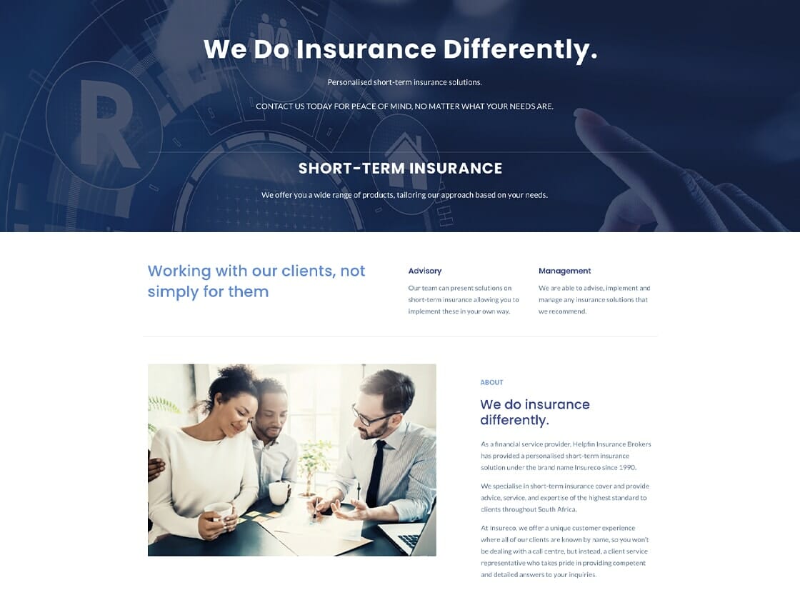 Corporate website of an insurance company showcasing their teamwork and personalized services.