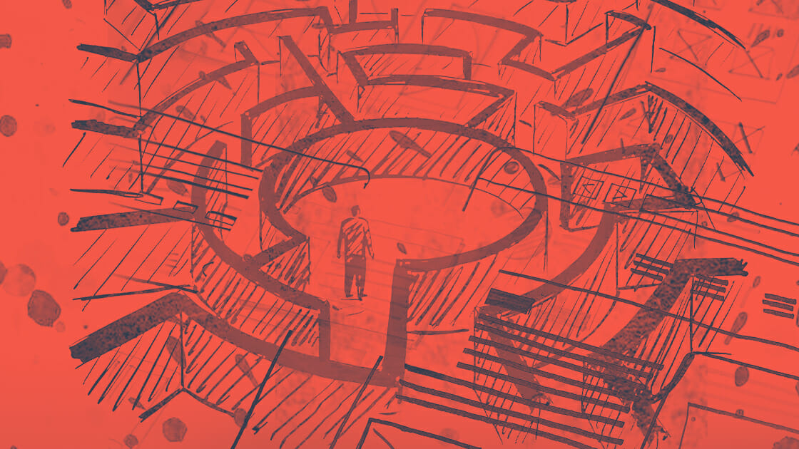 Silhouetted figure standing amidst a complex array of abstract, spiraling staircases, symbolizing next-gen innovation.
