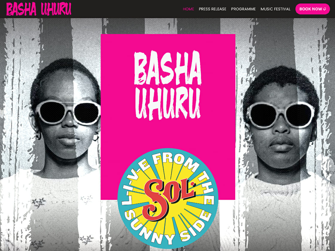 A promotional graphic for the basha uhuru event featuring two individuals with sunglasses against a textured background with vibrant text.