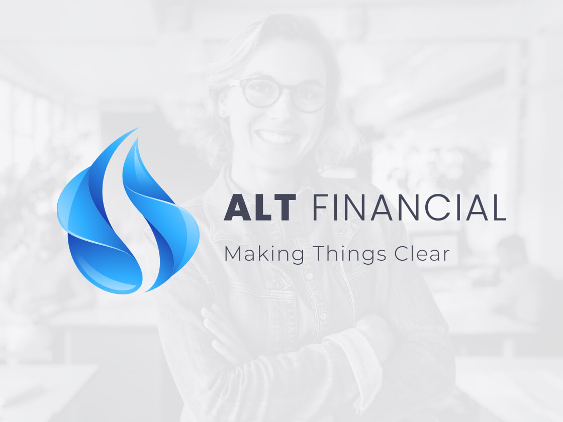 Professional woman smiling with the logo and slogan "alt financial - making things clear" overlaid on an office background.