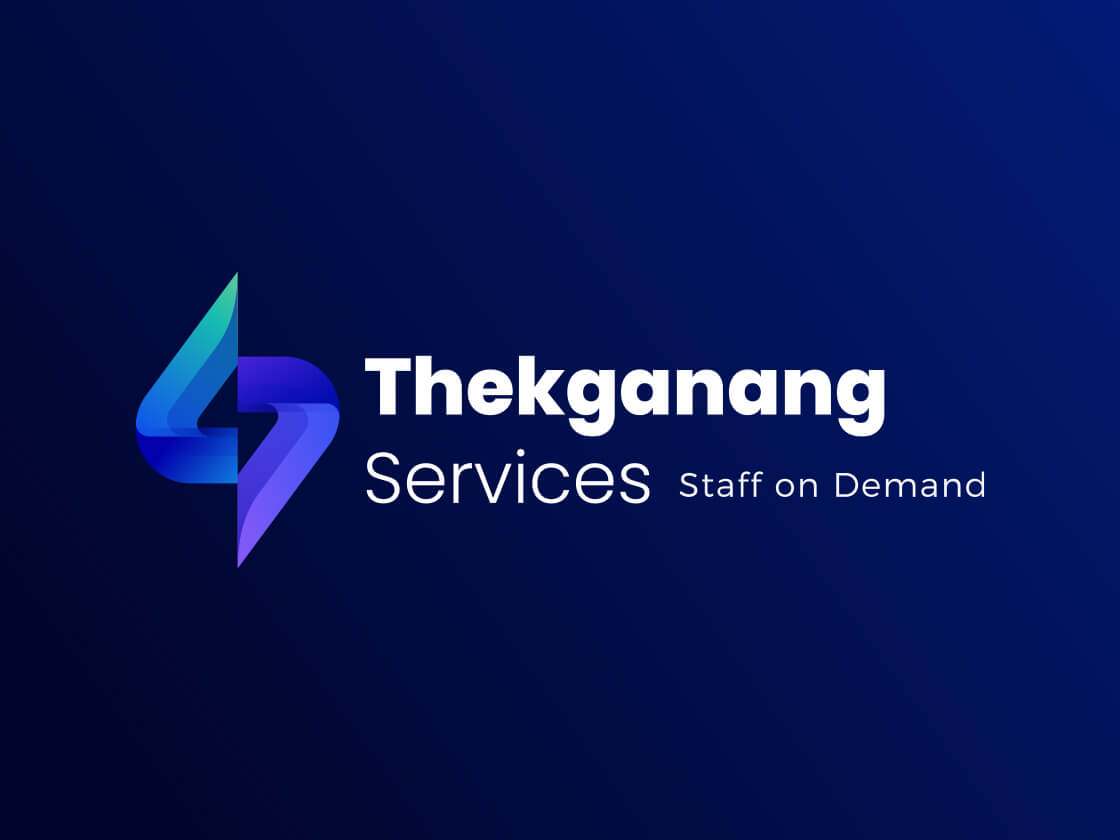 Thekganang-Services-logo- Logo of Th kganang Services featuring a stylized "t" icon next to the tagline "staff on demand" against a blue background.