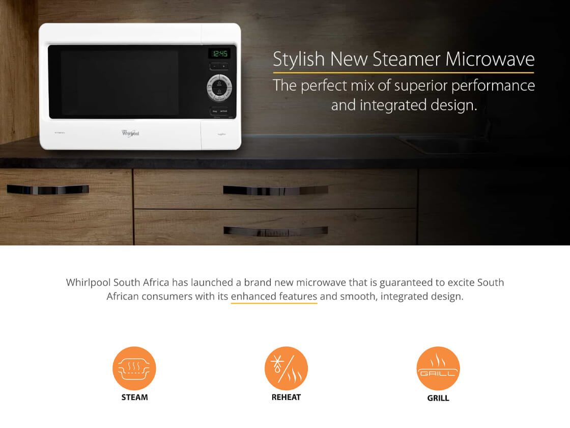 Modern Whirlpool steamer microwave with steaming, reheating, and grilling features set in a sleek kitchen interior.