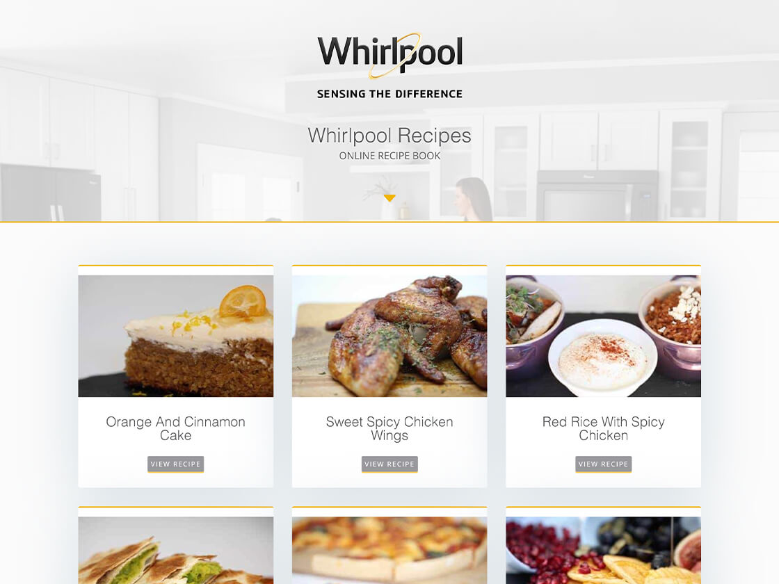 Whirlpool-recipes-website A website from Whirlpool featuring an online recipe book with various dishes like orange and almond cake, sweet spicy wings, and red rice with spicy chicken.