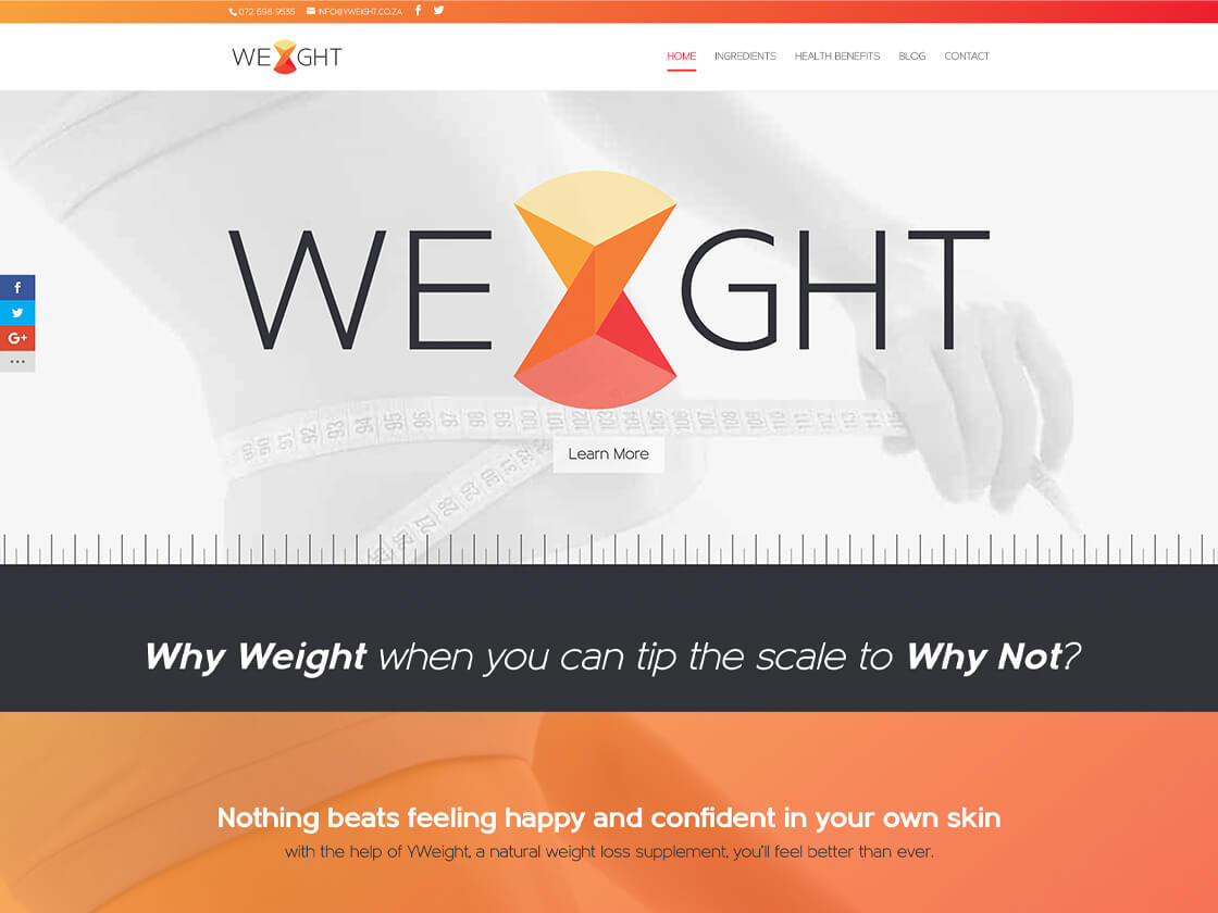 Yweight-Website Webpage design for a weight loss supplement brand featuring a call-to-action button and a tagline emphasizing positive transformation with an integrated nutrition guide.