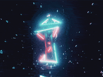 Projects 115 Glowing neon hourglass with digital particles flowing through in a dark space.