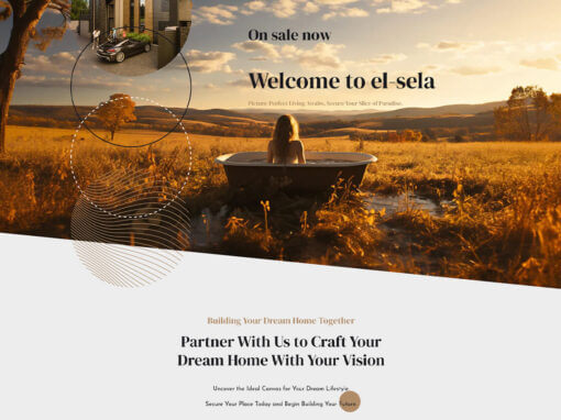 Projects 111 Woman relaxing in an outdoor bathtub with a scenic view of a field at sunset; advertisement for luxury living.