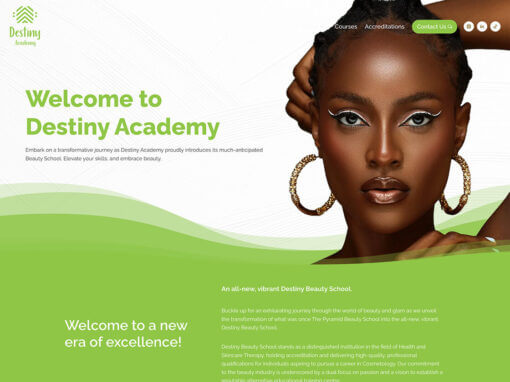 Projects 103 A screenshot of a website for destiny academy, a beauty school, featuring an image of a confident woman with stylized makeup and text welcoming visitors to a new era of excellence.