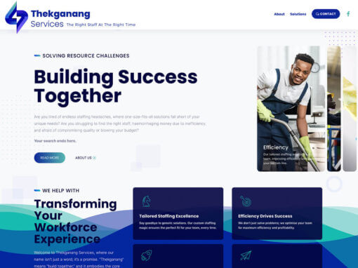 Projects 105 A cheerful employee in an apron working at a service counter with a focus on efficiency in a staffing solutions website layout.