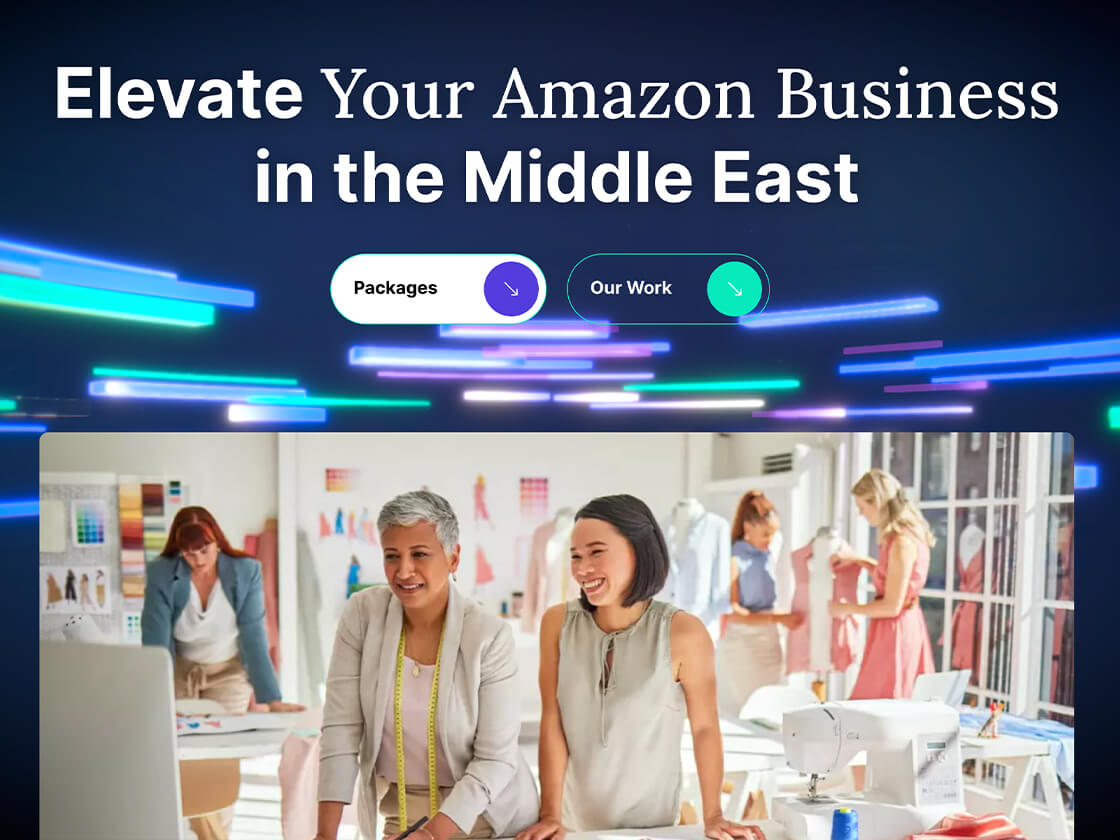 Promotional banner for services aimed at enhancing Amazon businesses in the Middle East, featuring two smiling women in a retail setting on the Freedomvisory website.