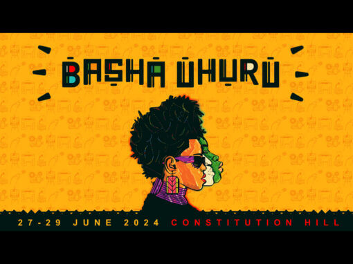 Projects 69 Illustrated promotional poster for the Basha Uhuru festival. It features a stylized profile of a person with short, spiky hair, wearing sunglasses, and adorned with colorful face paint and earrings. Text includes “Basha Uhuru,” event dates “27-29 June 2024,” and location “Constitution Hill.” Also watch the teaser video!