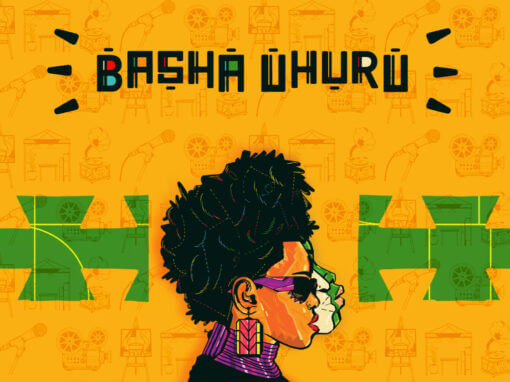 Illustration of a person in profile with short, curly hair, wearing large earrings and purple sunglasses. The background is orange with green and yellow geometric patterns and outlines of various objects, including microphones and musical instruments. The text 