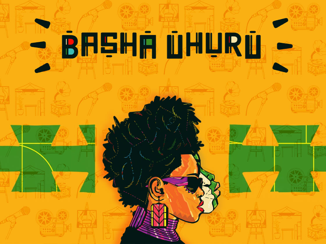 Basha-uhuru-website Illustration of a person in profile with short, curly hair, wearing large earrings and purple sunglasses. The background is orange with green and yellow geometric patterns and outlines of various objects, including microphones and musical instruments. The text "Basha Uhuru" is prominently displayed above.