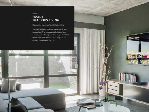 Projects 95 A modern living room with large windows allowing ample natural light, green and gray walls, stylish furniture including a gray sofa, coffee table with decor items, and minimalist shelves. A potted plant adds greenery. The text on the wall promotes