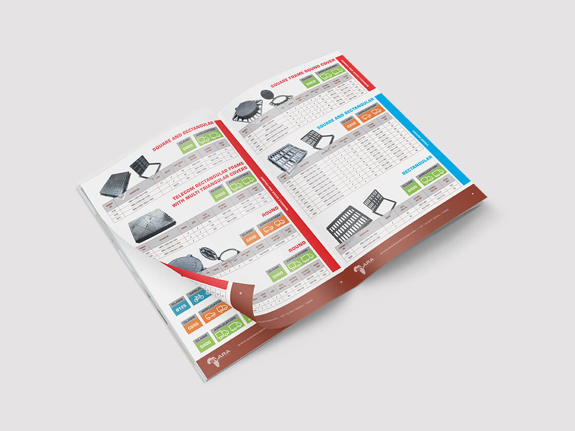 An open product catalog on a white surface displays pages with tables, images of electronic components, and color-coded sections (red, green, and blue). The catalog features various part numbers, specifications, prices, and technical data.
