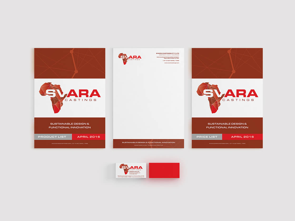 Project-SVARA-Castings-stationery A corporate stationery set for Svara Castings is displayed, including letterhead, two flyers, and a business card. The design features a red and white color scheme, Africa map outline, and bold text with the company logo and tagline: "Sustainable Design, Functional Innovation.